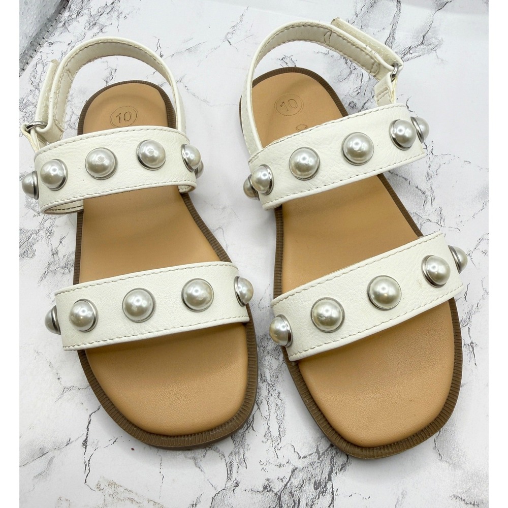 Cat & Jack Girls Size 10 White Velcro Sandals Silver Tone Accents